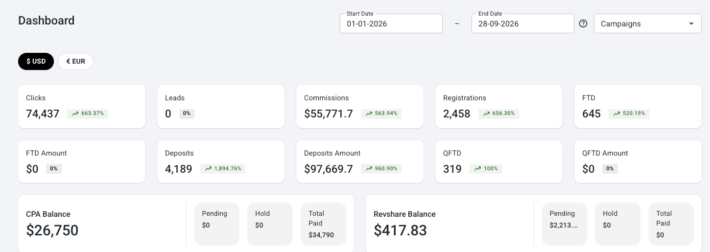 Selected affiliate performance dashboard